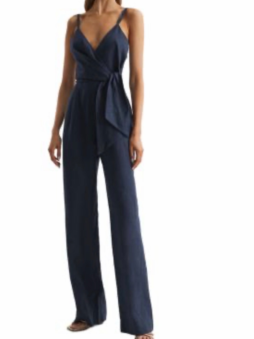 Emilia V-Neck Linen Jumpsuit in Navy - Reiss